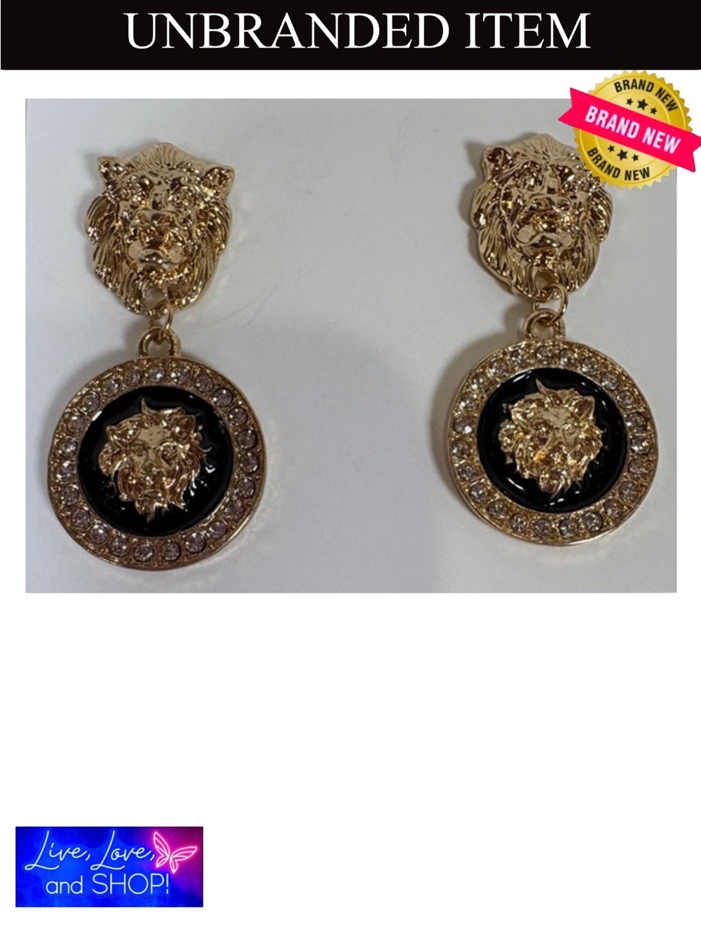 EARRINGS: Gold Lion Head Drop Earrings w/Black Enamel Accents, NWOT